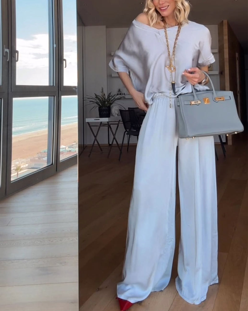 Solid V-Neck Top & Pants Two-Piece Set