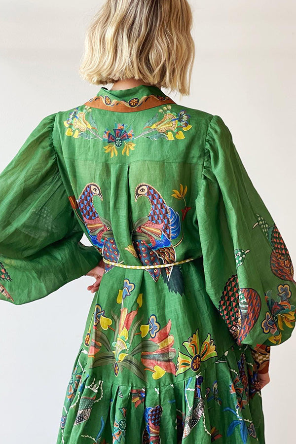 Erin™ - Heaven Bird Print Balloon Sleeve Dress