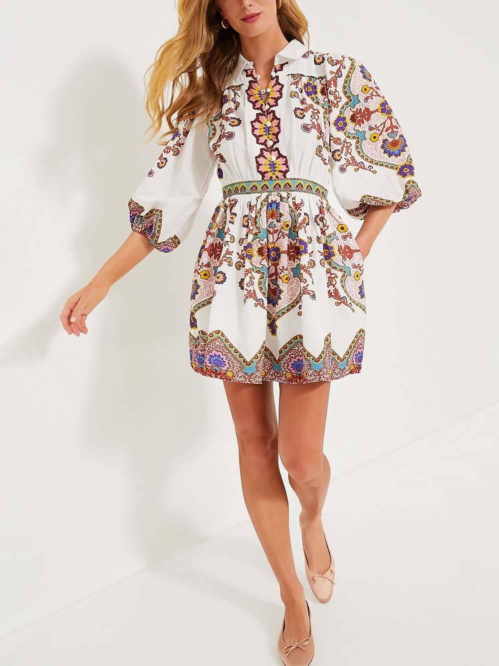Stella™ - Unique Print Puff Sleeve Pocketed Shirt Mini Dress