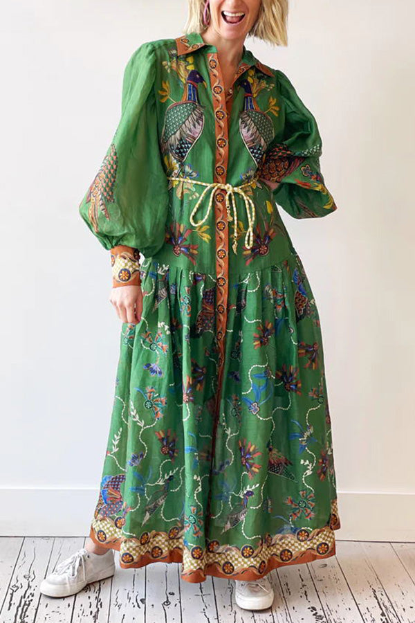 Erin™ - Heaven Bird Print Balloon Sleeve Dress