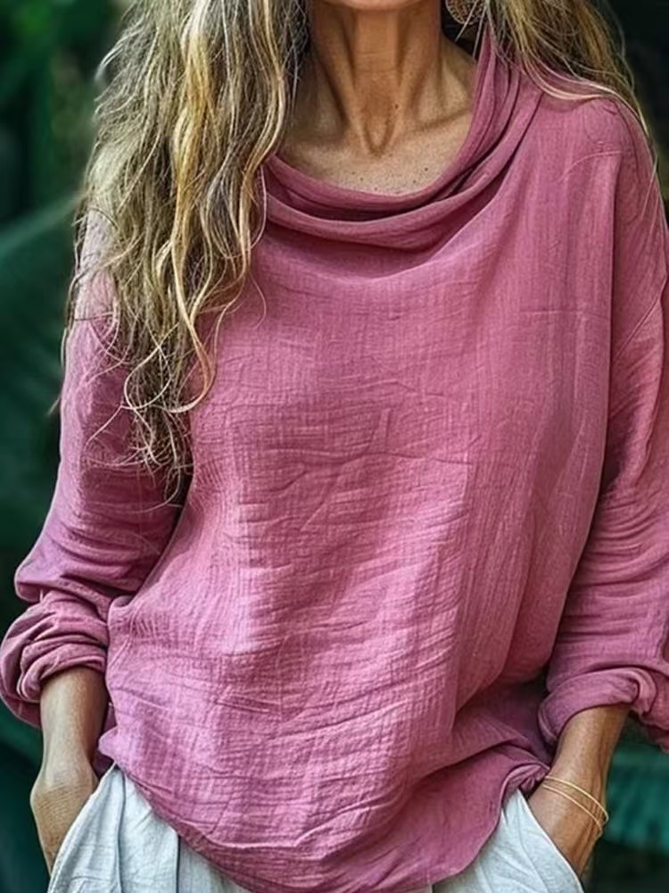 Solid Color Swing-Collar Long-Sleeve Top