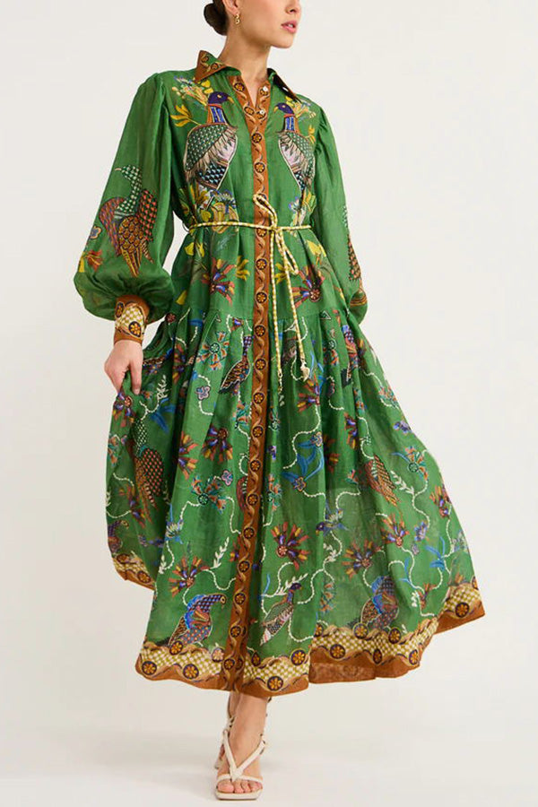 Erin™ - Heaven Bird Print Balloon Sleeve Dress