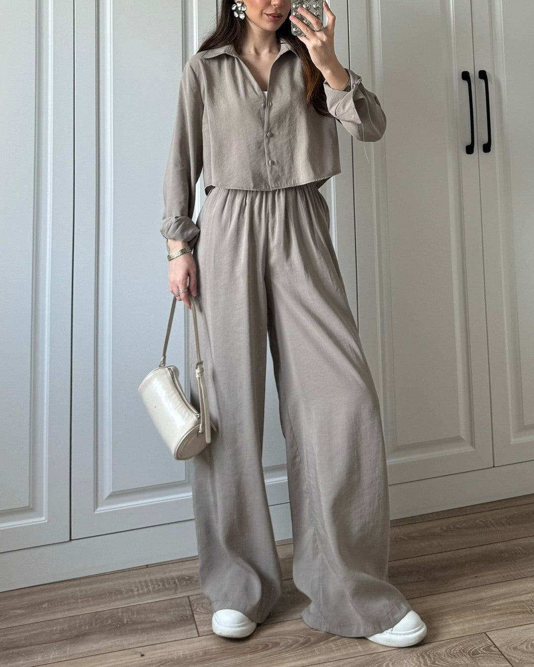 Casual Solid Color Shirt & Pants Two-piece Set