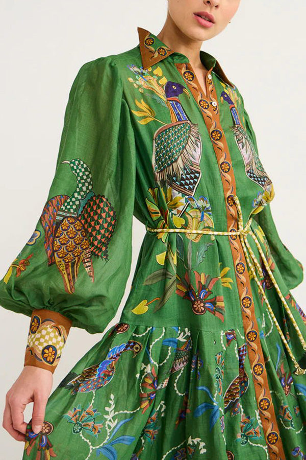 Erin™ - Heaven Bird Print Balloon Sleeve Dress