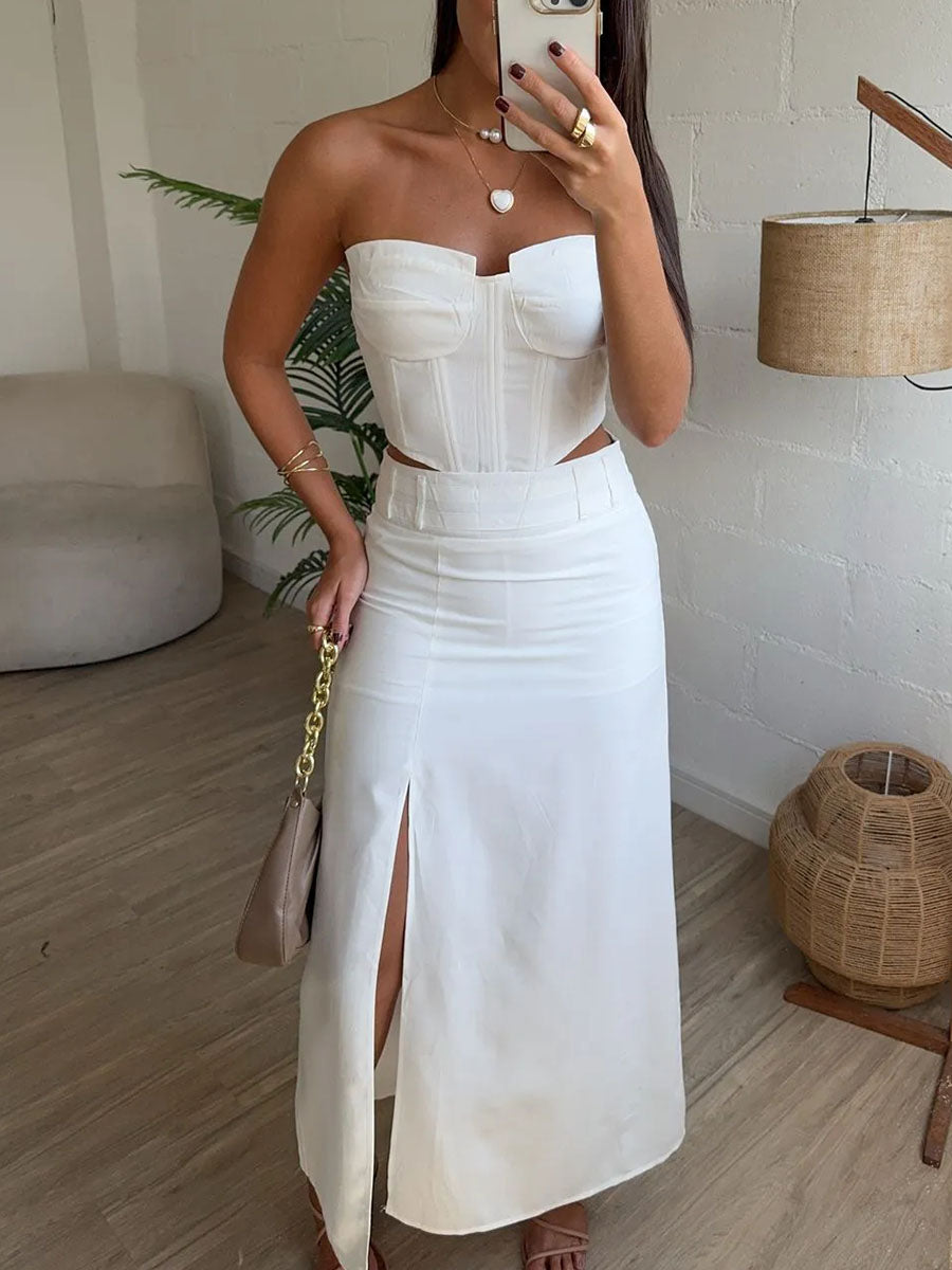 Chic tube top slit two piece set