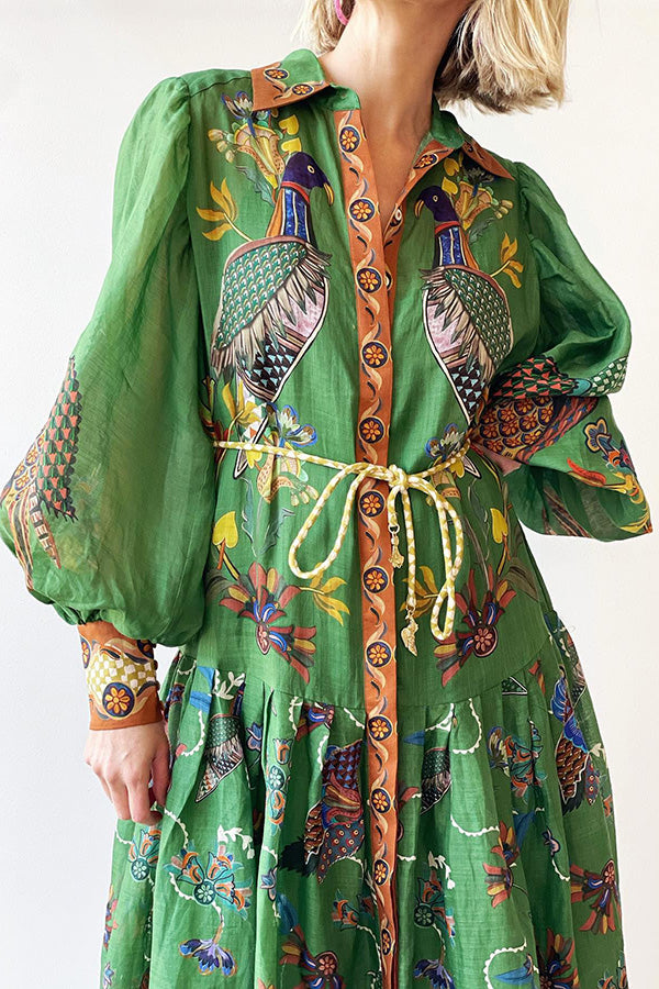 Erin™ - Heaven Bird Print Balloon Sleeve Dress