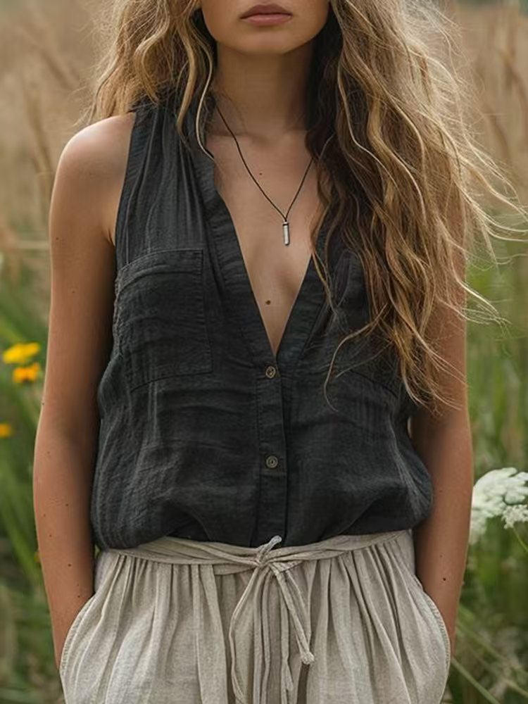 Solid V-Neck Pocket Vest Shirt