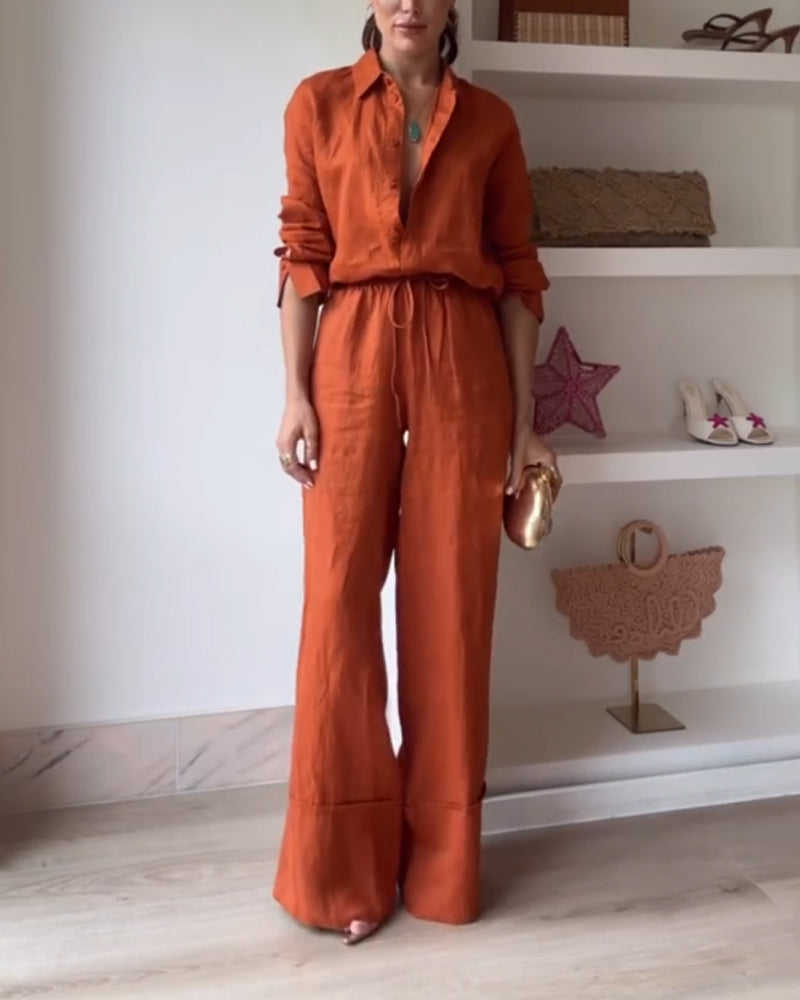 Casual Solid Color Shirt & Pants Two-piece Set