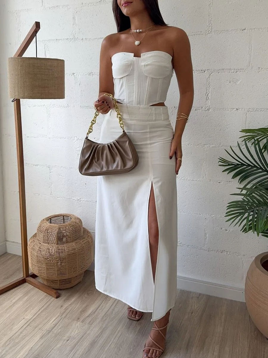 Chic tube top slit two piece set