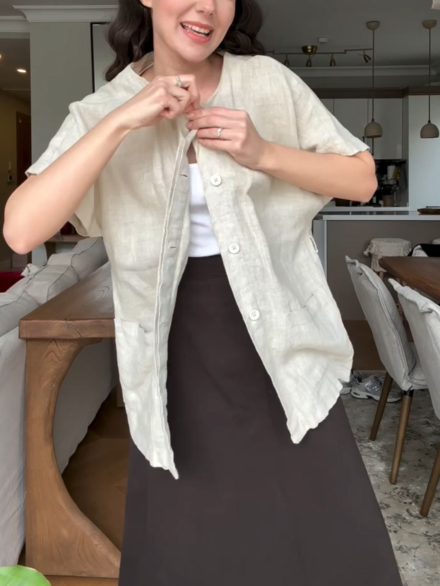 Round neck cotton and linen top and skirt two-piece set