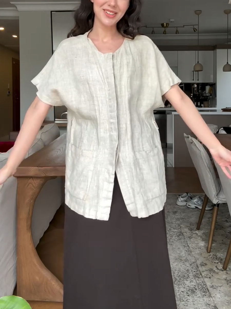 Round neck cotton and linen top and skirt two-piece set