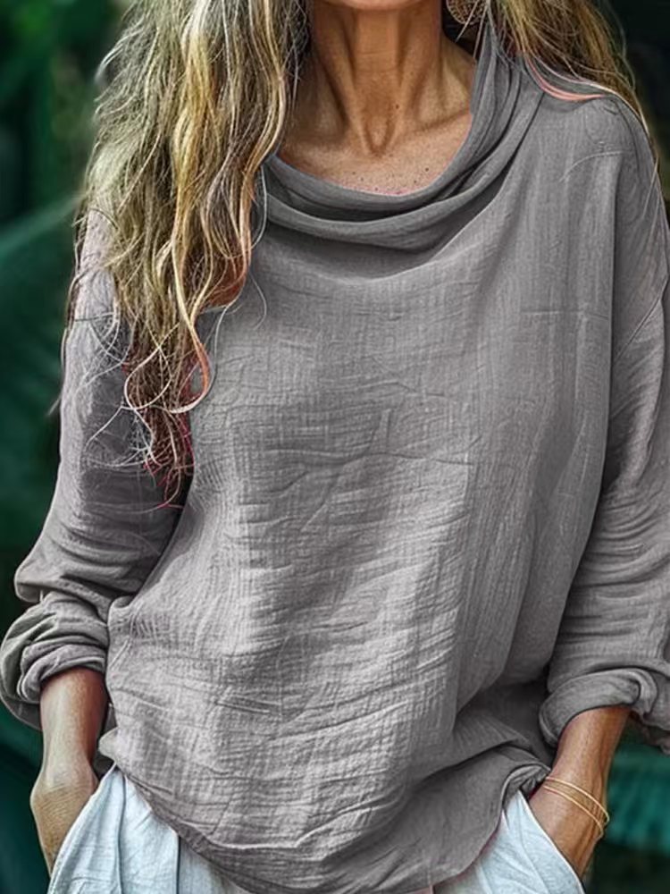 Solid Color Swing-Collar Long-Sleeve Top