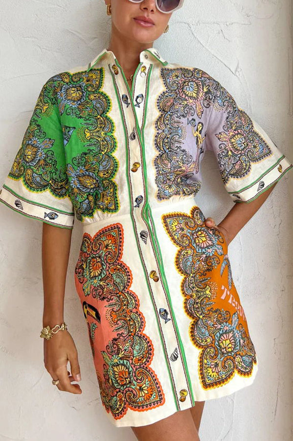 Azalia™ - Exotic Print Button Down Pocketed Shirt Mini Dress