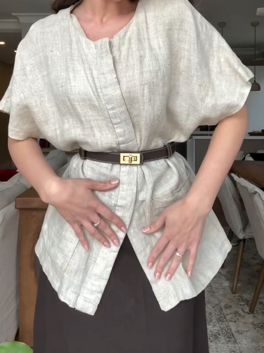 Round neck cotton and linen top and skirt two-piece set