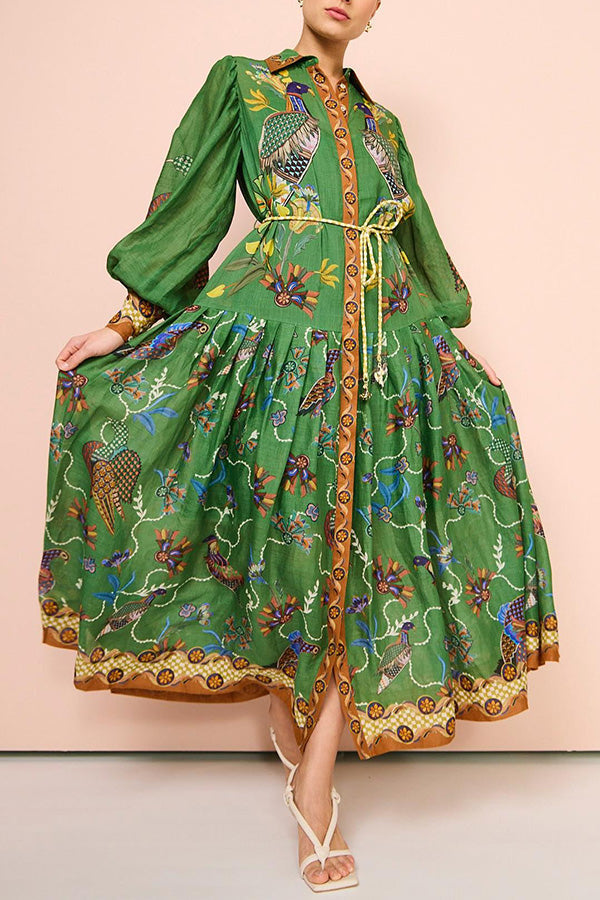 Erin™ - Heaven Bird Print Balloon Sleeve Dress