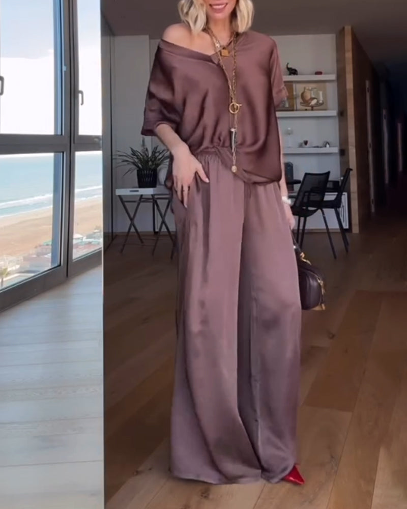 Solid V-Neck Top & Pants Two-Piece Set