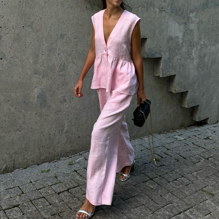 Solid Color V-neck Vest & Pants Two-piece Set