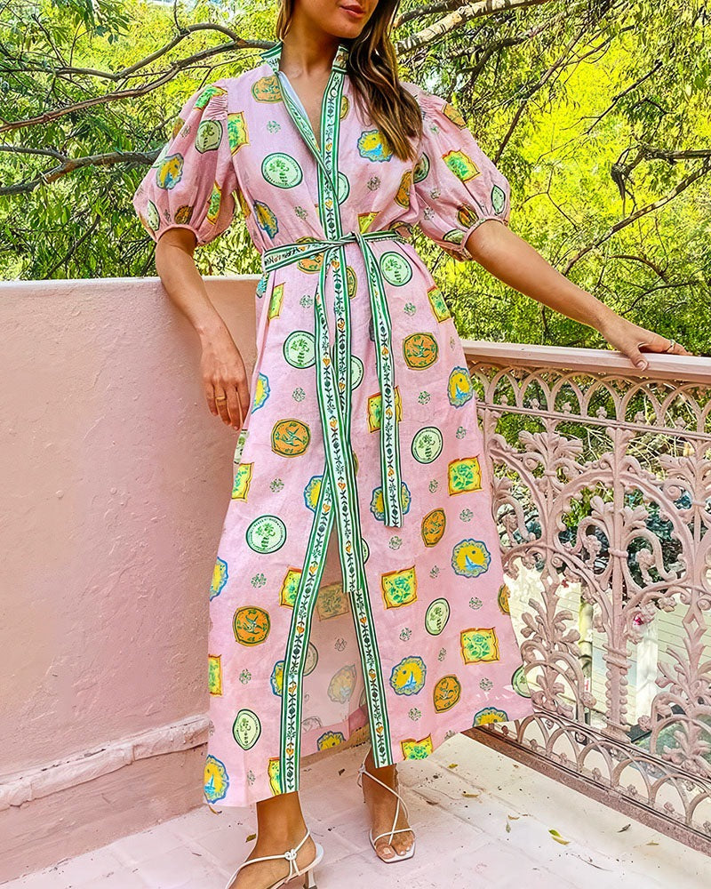 Thea™ - Balloon Sleeves Printed Belt Pocket Midi Dress