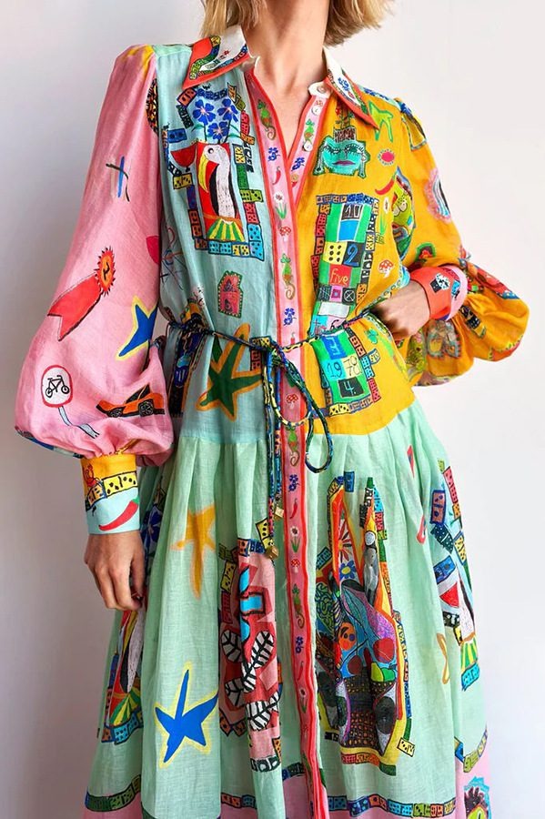 Lilly™ - Unique Print Colorblock Balloon Sleeve Belt Shirt Midi Dress