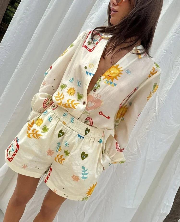 Matilda™ - Vacation Printed Long Sleeve Shirt & Elastic Waist Shorts Set