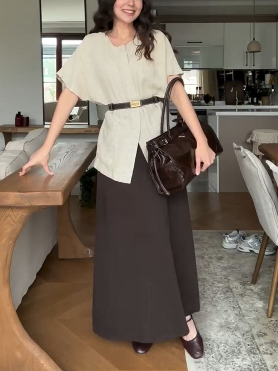Round neck cotton and linen top and skirt two-piece set