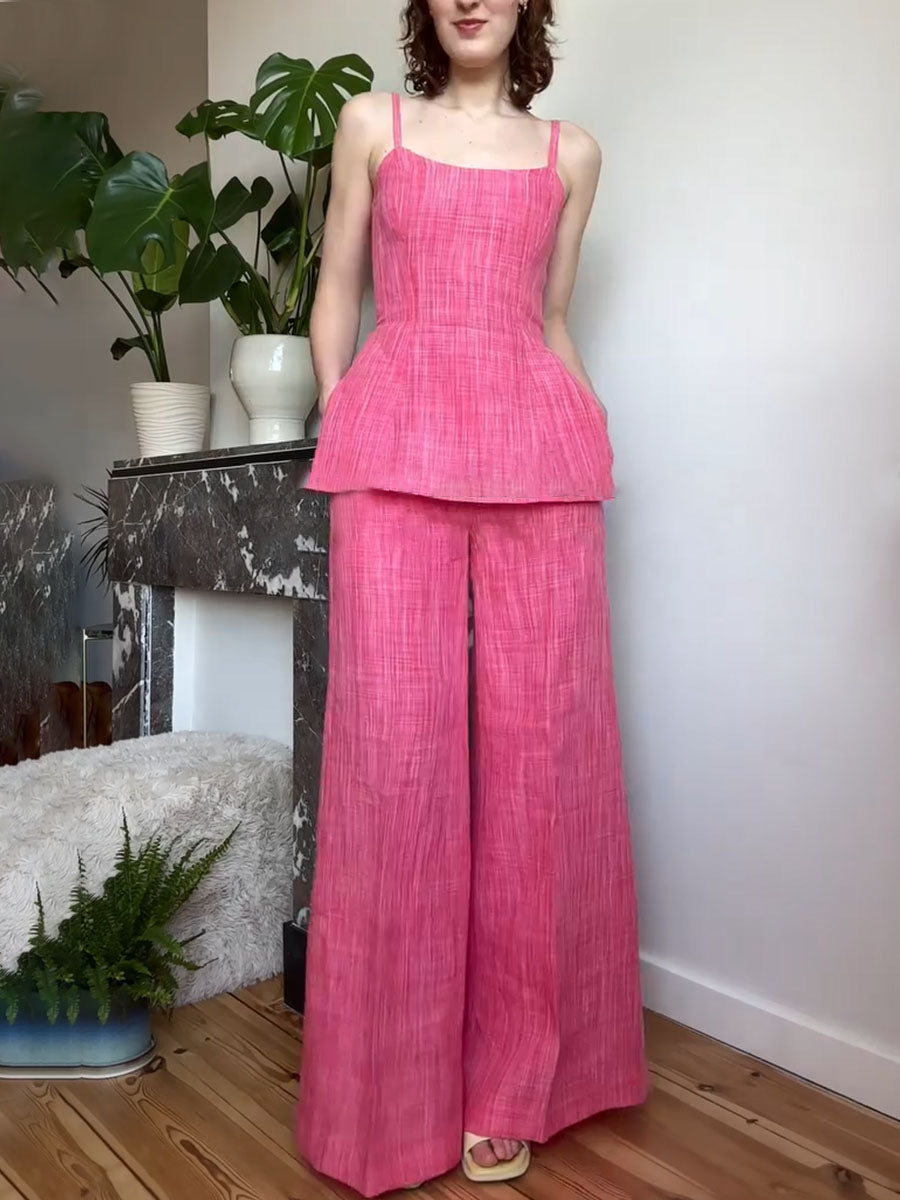 Summer pink suspender cotton and linen two-piece set