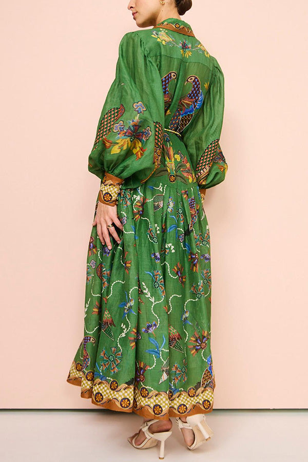 Erin™ - Heaven Bird Print Balloon Sleeve Dress