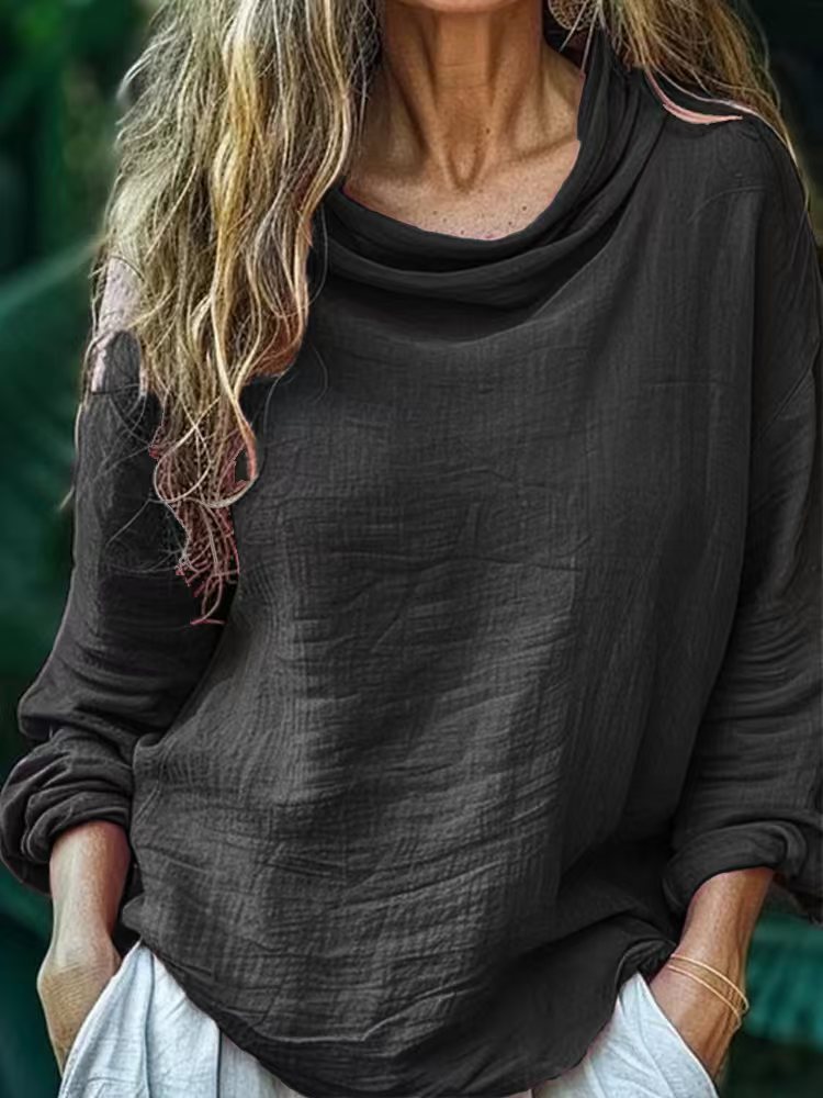 Solid Color Swing-Collar Long-Sleeve Top