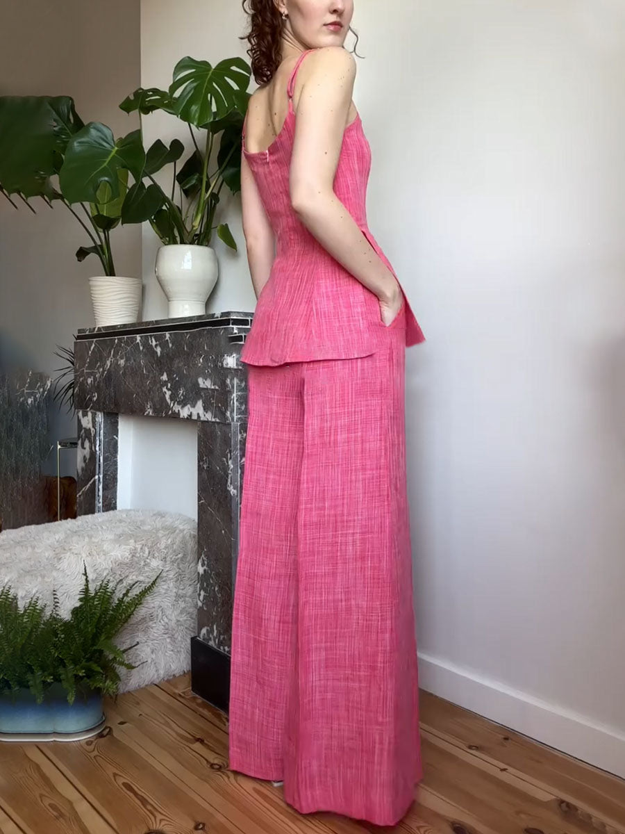 Summer pink suspender cotton and linen two-piece set