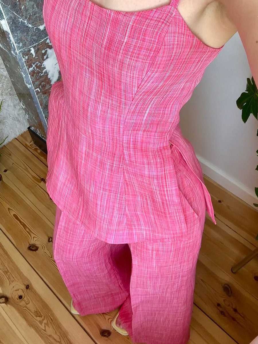 Summer pink suspender cotton and linen two-piece set