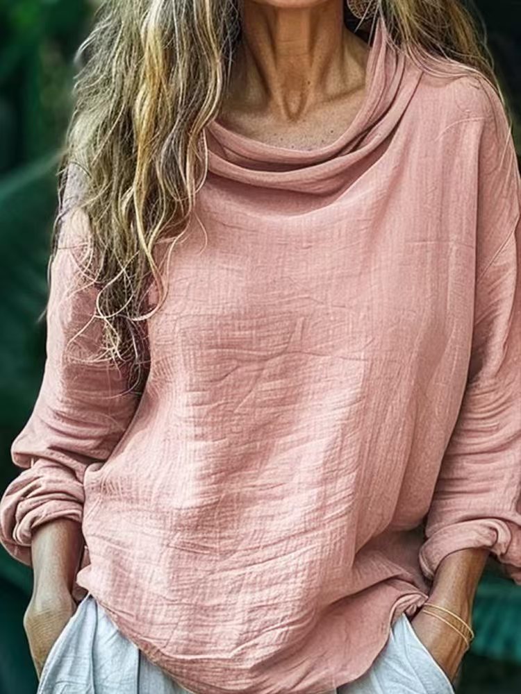 Solid Color Swing-Collar Long-Sleeve Top