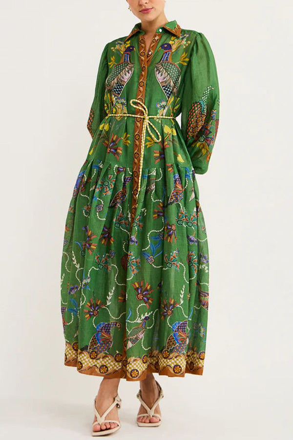 Erin™ - Heaven Bird Print Balloon Sleeve Dress