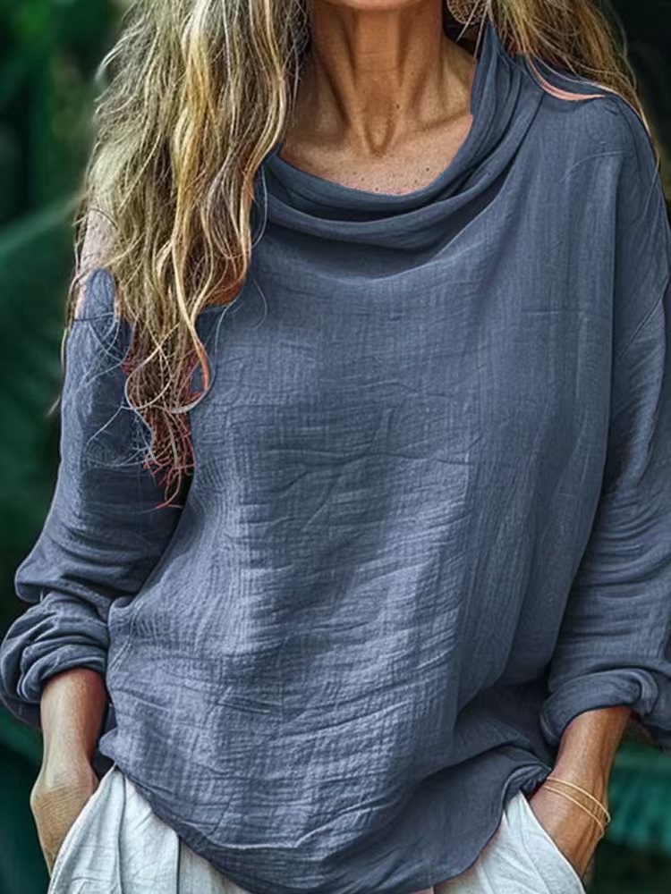 Solid Color Swing-Collar Long-Sleeve Top