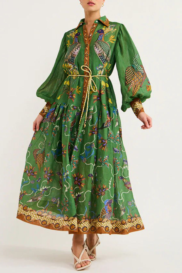 Erin™ - Heaven Bird Print Balloon Sleeve Dress