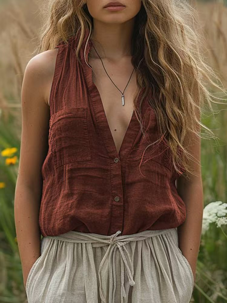 Solid V-Neck Pocket Vest Shirt